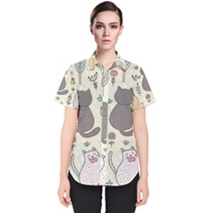 Funny Cartoon Cats Seamless Pattern Women s Short Sleeve Shirt