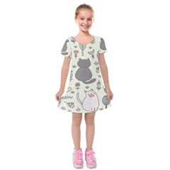 Funny Cartoon Cats Seamless Pattern Kids  Short Sleeve Velvet Dress