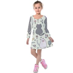 Funny Cartoon Cats Seamless Pattern Kids  Long Sleeve Velvet Dress