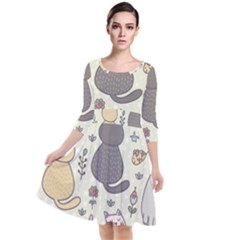 Funny Cartoon Cats Seamless Pattern Quarter Sleeve Waist Band Dress by Jancukart