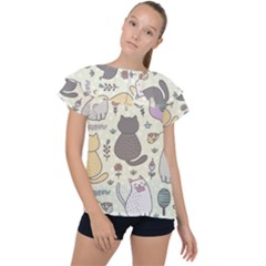 Funny Cartoon Cats Seamless Pattern Ruffle Collar Chiffon Blouse