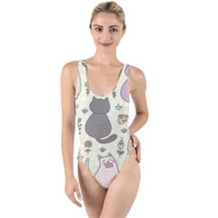 Funny Cartoon Cats Seamless Pattern High Leg Strappy Swimsuit