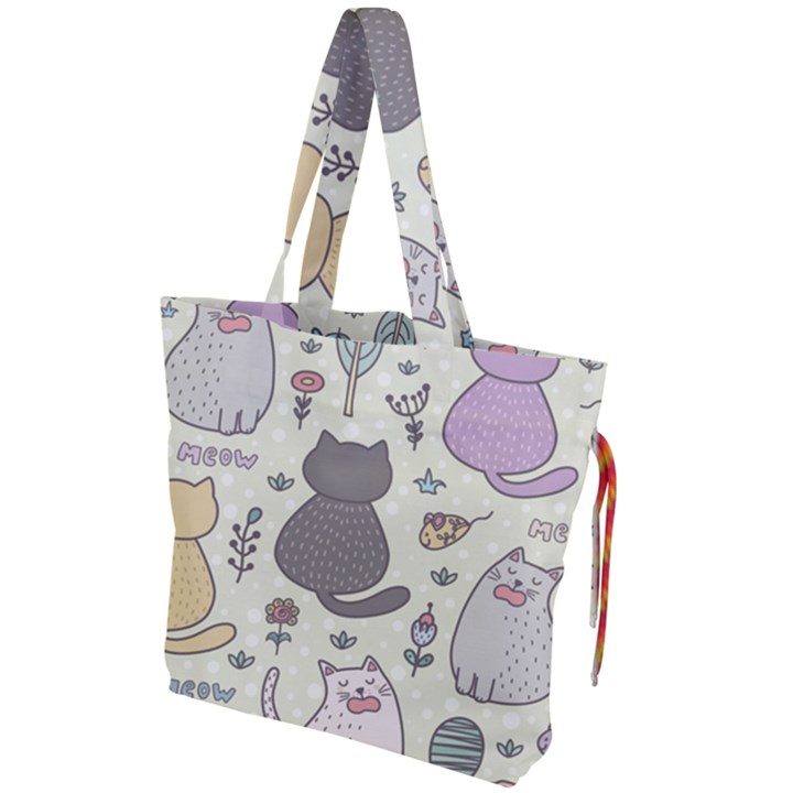 Funny Cartoon Cats Seamless Pattern Drawstring Tote Bag