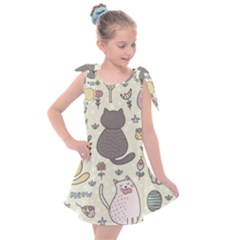 Funny Cartoon Cats Seamless Pattern Kids  Tie Up Tunic Dress