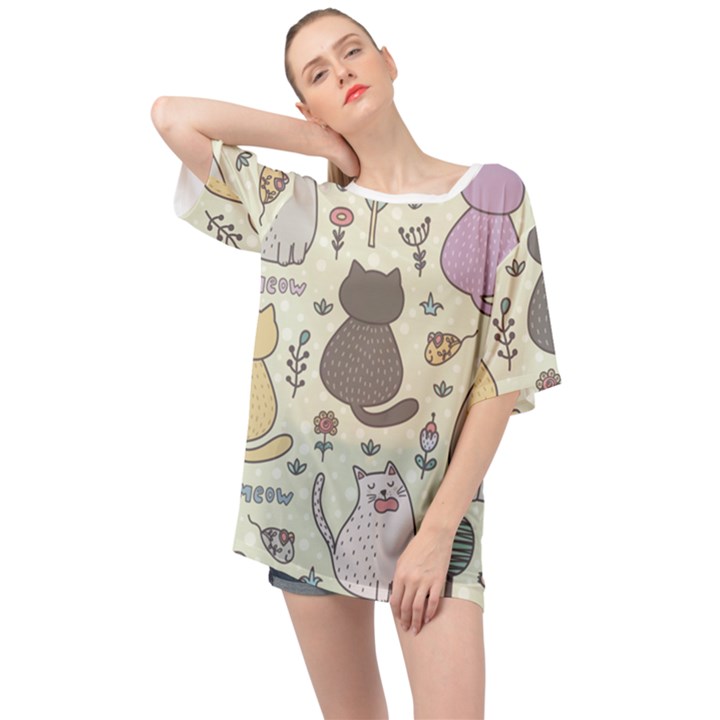 Funny Cartoon Cats Seamless Pattern Oversized Chiffon Top