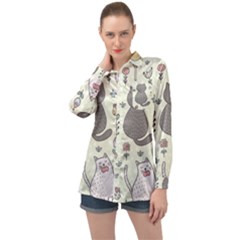 Funny Cartoon Cats Seamless Pattern Long Sleeve Satin Shirt