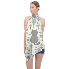 Funny Cartoon Cats Seamless Pattern Halter Asymmetric Satin Top