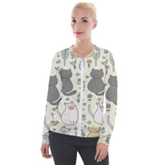 Funny Cartoon Cats Seamless Pattern Velvet Zip Up Jacket