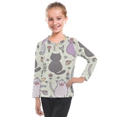 Funny Cartoon Cats Seamless Pattern Kids  Long Mesh Tee