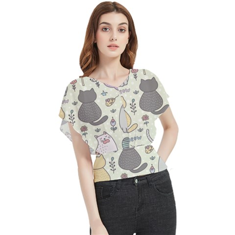 Funny Cartoon Cats Seamless Pattern Butterfly Chiffon Blouse by Jancukart