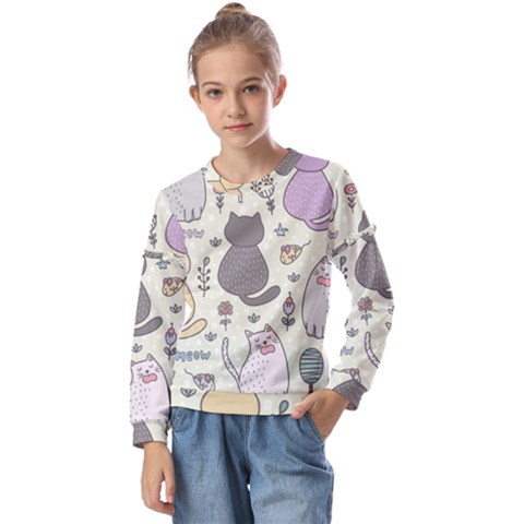 Funny Cartoon Cats Seamless Pattern Kids  Long Sleeve Tee With Frill  by Jancukart