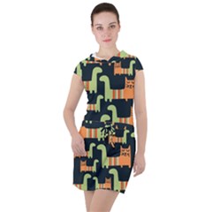 Seamless-pattern-with-cats Drawstring Hooded Dress