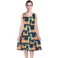 Seamless-pattern-with-cats V-neck Midi Sleeveless Dress 