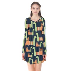 Seamless-pattern-with-cats Long Sleeve V-neck Flare Dress