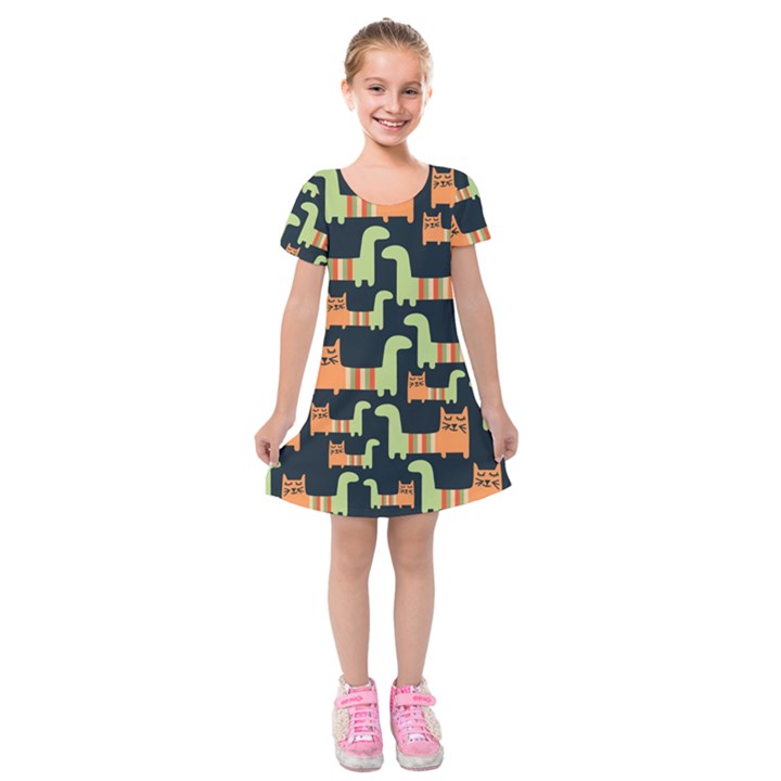 Seamless-pattern-with-cats Kids  Short Sleeve Velvet Dress