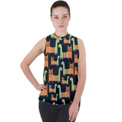 Seamless-pattern-with-cats Mock Neck Chiffon Sleeveless Top