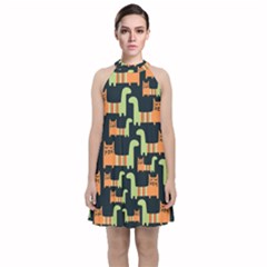 Seamless-pattern-with-cats Velvet Halter Neckline Dress 