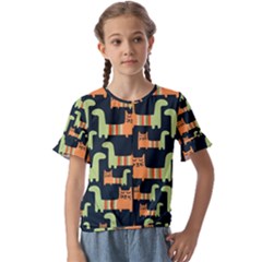 Seamless-pattern-with-cats Kids  Cuff Sleeve Scrunch Bottom Tee