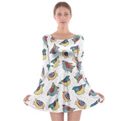 Seamless-pattern-with-hand-drawn-bird-black Long Sleeve Skater Dress