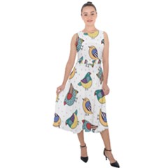 Seamless-pattern-with-hand-drawn-bird-black Midi Tie-back Chiffon Dress