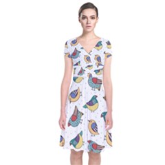 Seamless-pattern-with-hand-drawn-bird-black Short Sleeve Front Wrap Dress