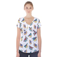 Seamless-pattern-with-hand-drawn-bird-black Short Sleeve Front Detail Top