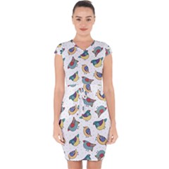 Seamless-pattern-with-hand-drawn-bird-black Capsleeve Drawstring Dress 