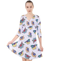 Seamless-pattern-with-hand-drawn-bird-black Quarter Sleeve Front Wrap Dress