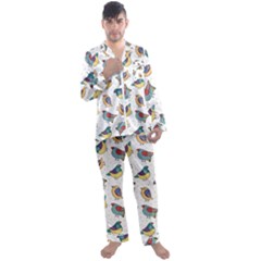 Seamless-pattern-with-hand-drawn-bird-black Men s Long Sleeve Satin Pajamas Set