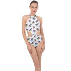 Seamless-pattern-with-hand-drawn-bird-black Halter Side Cut Swimsuit