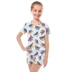 Seamless-pattern-with-hand-drawn-bird-black Kids  Mesh Tee And Shorts Set