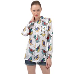 Seamless-pattern-with-hand-drawn-bird-black Long Sleeve Satin Shirt