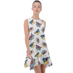 Seamless-pattern-with-hand-drawn-bird-black Frill Swing Dress