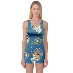 Seamless-pattern-funny-astronaut-outer-space-transportation One Piece Boyleg Swimsuit