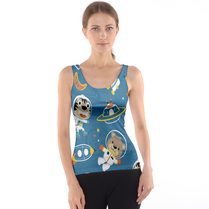 Seamless-pattern-funny-astronaut-outer-space-transportation Tank Top