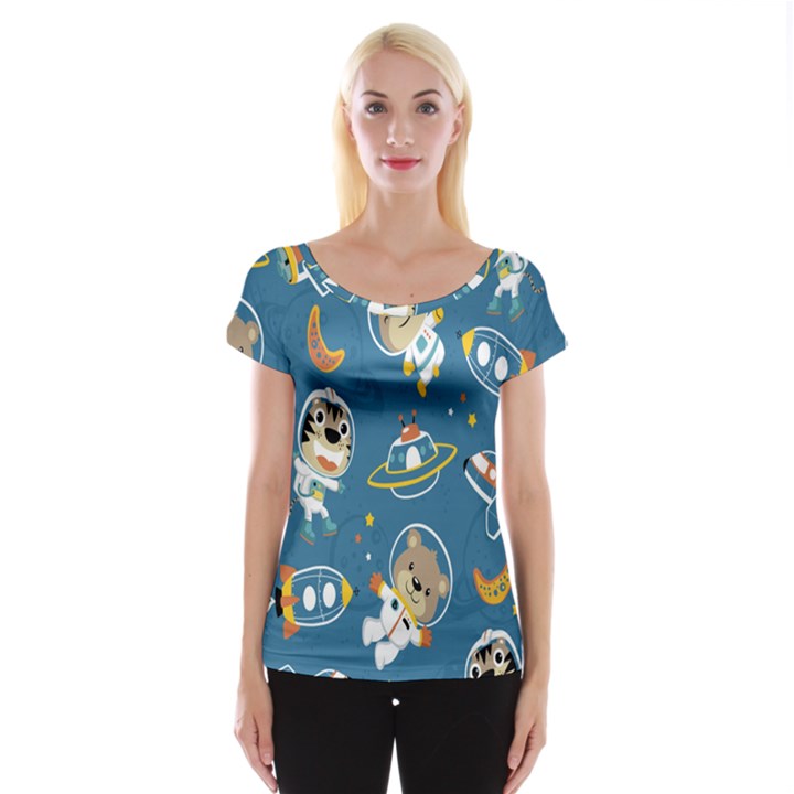 Seamless-pattern-funny-astronaut-outer-space-transportation Cap Sleeve Top