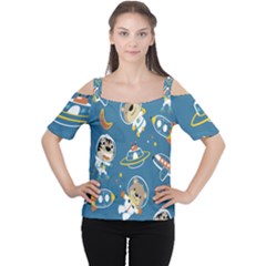 Seamless-pattern-funny-astronaut-outer-space-transportation Cutout Shoulder Tee