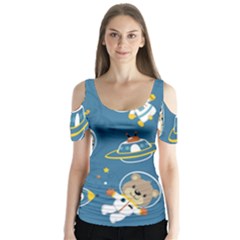 Seamless-pattern-funny-astronaut-outer-space-transportation Butterfly Sleeve Cutout Tee 