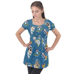 Seamless-pattern-funny-astronaut-outer-space-transportation Puff Sleeve Tunic Top