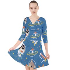 Seamless-pattern-funny-astronaut-outer-space-transportation Quarter Sleeve Front Wrap Dress