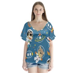 Seamless-pattern-funny-astronaut-outer-space-transportation V-neck Flutter Sleeve Top