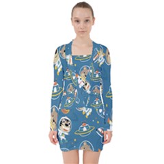 Seamless-pattern-funny-astronaut-outer-space-transportation V-neck Bodycon Long Sleeve Dress