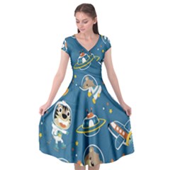 Seamless-pattern-funny-astronaut-outer-space-transportation Cap Sleeve Wrap Front Dress