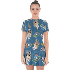 Seamless-pattern-funny-astronaut-outer-space-transportation Drop Hem Mini Chiffon Dress