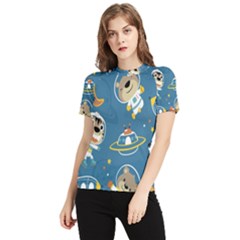 Seamless-pattern-funny-astronaut-outer-space-transportation Women s Short Sleeve Rash Guard