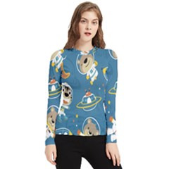 Seamless-pattern-funny-astronaut-outer-space-transportation Women s Long Sleeve Rash Guard