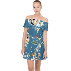 Seamless-pattern-funny-astronaut-outer-space-transportation Off Shoulder Chiffon Dress