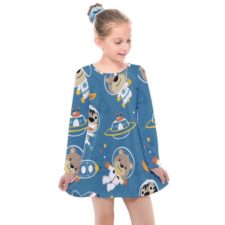 Seamless-pattern-funny-astronaut-outer-space-transportation Kids  Long Sleeve Dress