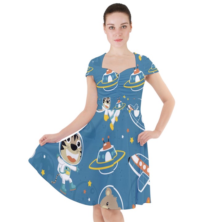 Seamless-pattern-funny-astronaut-outer-space-transportation Cap Sleeve Midi Dress