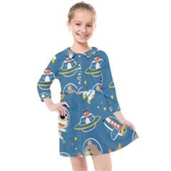 Seamless-pattern-funny-astronaut-outer-space-transportation Kids  Quarter Sleeve Shirt Dress by Jancukart